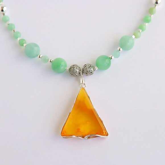 Baltic Amber and Burma Jade Statement Necklace with 925 Sterling Silver - Picture 4 of 7